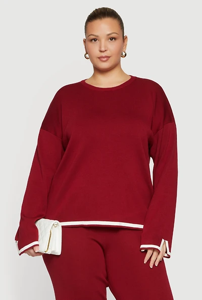 Plus Long Sleeve Contrast Trim Sweater