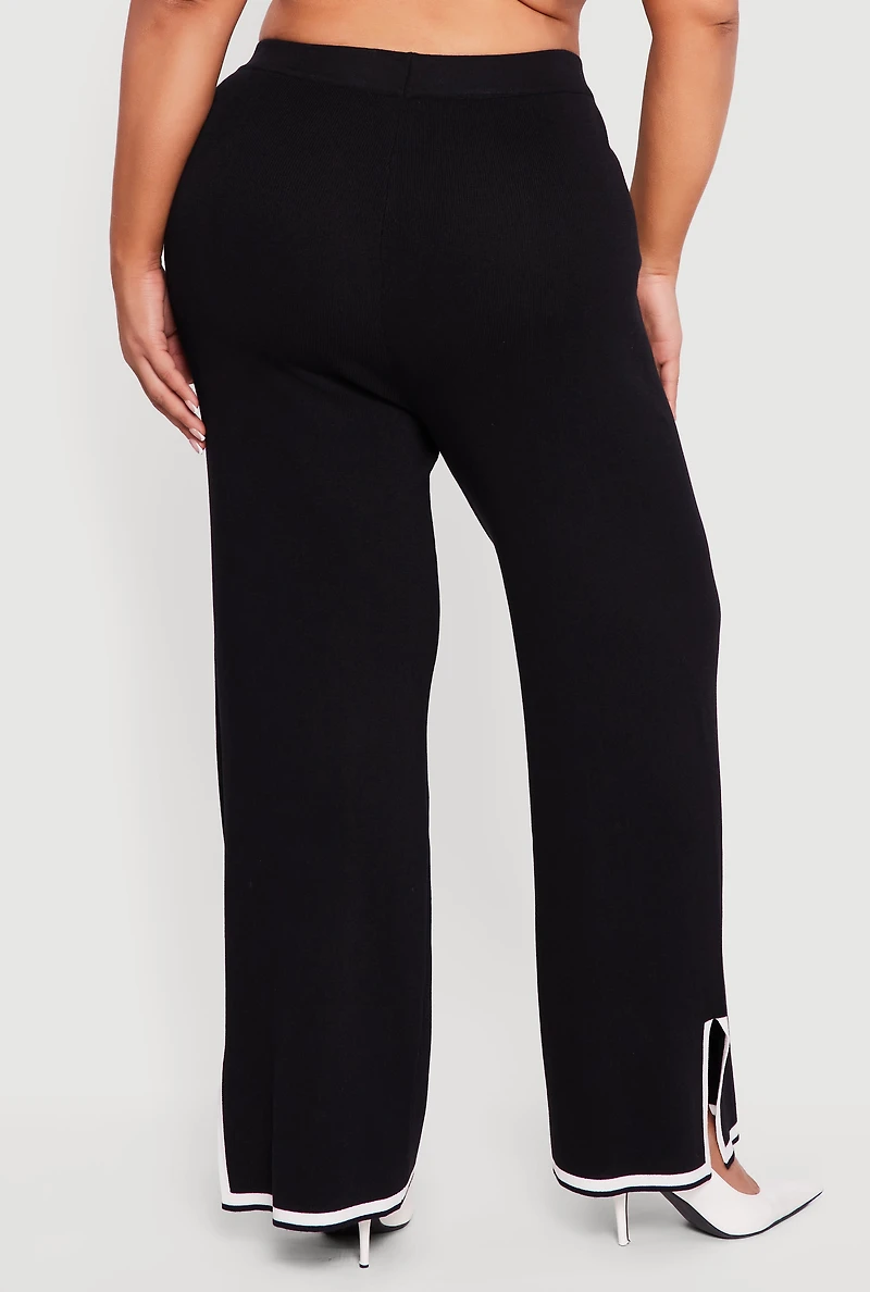 Womens Plus High Waisted Wide Leg Pants with Contrast Trim, 1X