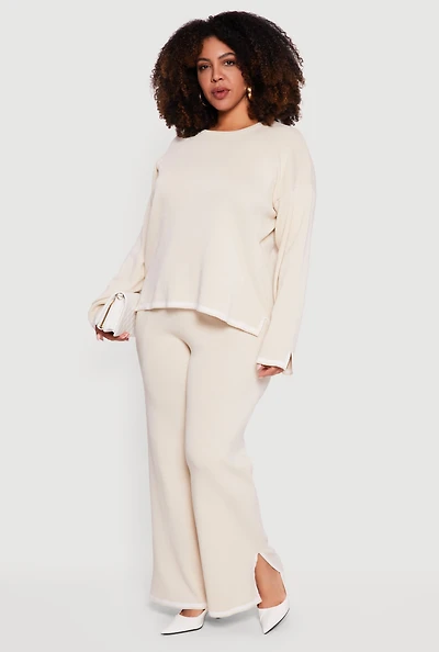 Plus High Waisted Wide Leg Pants with Contrast Trim
