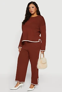 Plus High Waisted Wide Leg Pants with Contrast Trim