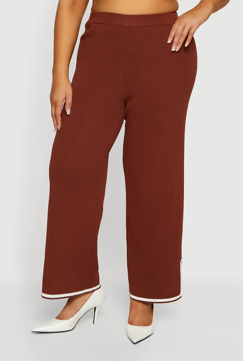 Plus High Waisted Wide Leg Pants with Contrast Trim
