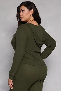 Womens Plus Size Daisy Brushed Knit Zip Front Hoodie, Green, Size 1X