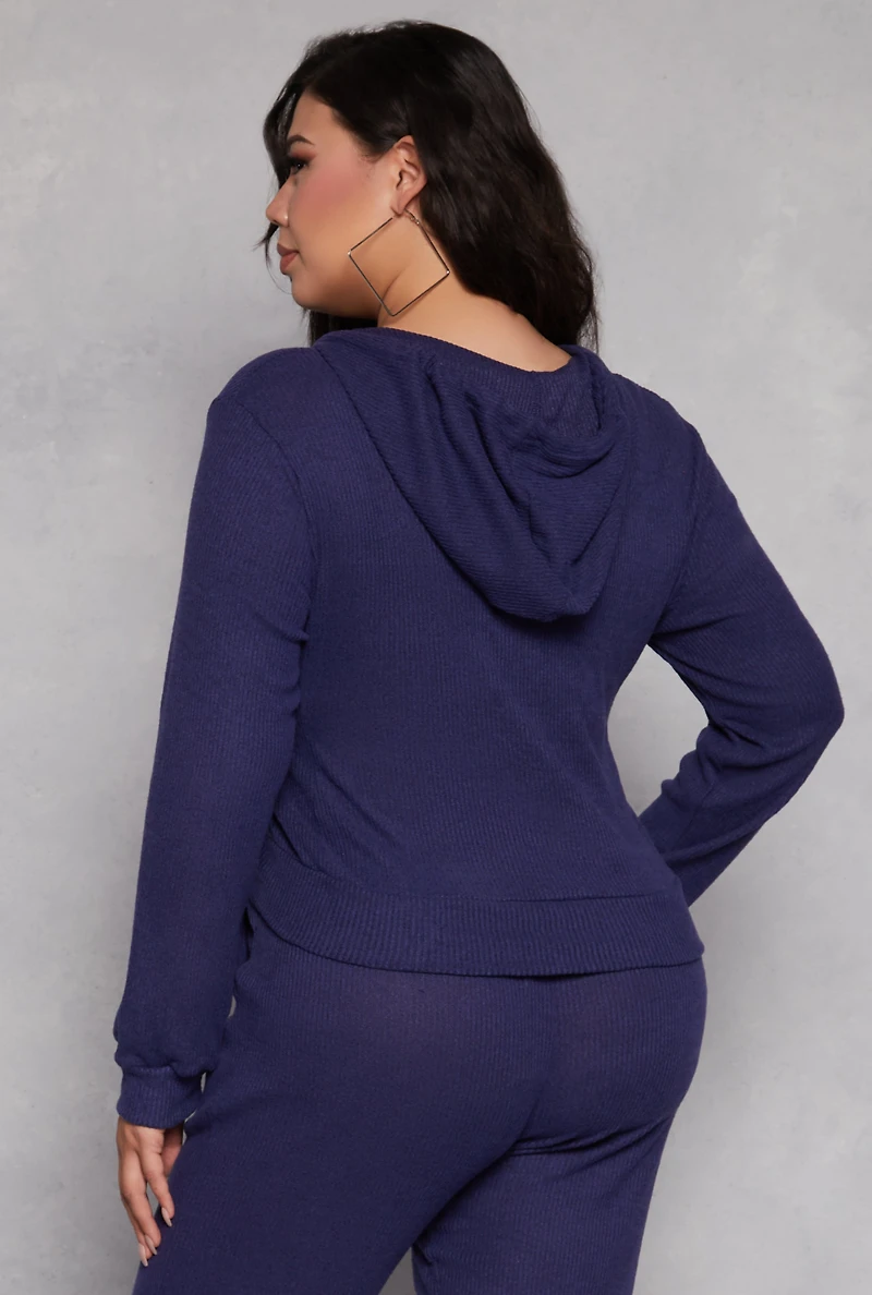 Womens Plus Size Daisy Brushed Knit Zip Front Hoodie, Blue, Size 1X