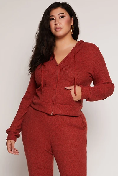 Womens Plus Daisy Brushed Knit Zip Front Hoodie, Orange,