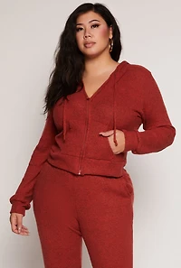 Womens Plus Daisy Brushed Knit Zip Front Hoodie, Orange,