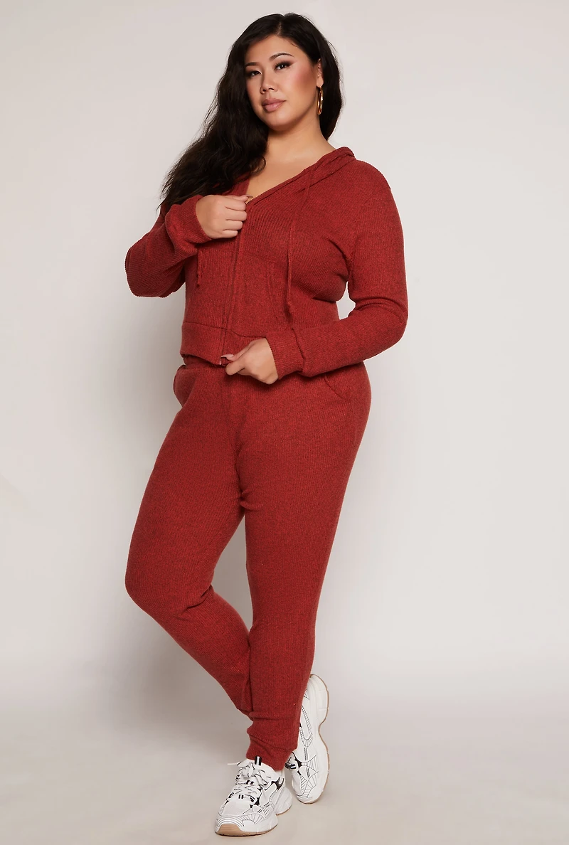 Womens Plus Daisy Brushed Knit Zip Front Hoodie, Orange,