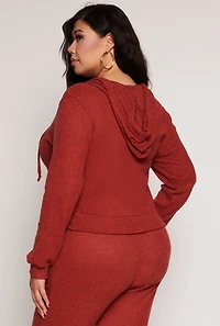Womens Plus Daisy Brushed Knit Zip Front Hoodie, Orange,