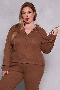 Womens Plus Size Daisy Brushed Knit Zip Front Hoodie, Brown, Size 1X