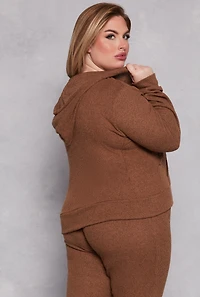 Womens Plus Size Daisy Brushed Knit Zip Front Hoodie, Brown, Size 1X