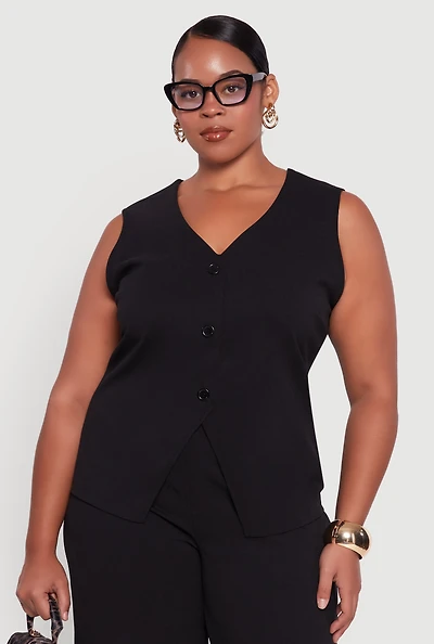 Womens Plus Size Crepe Knit Pullover Blazer Vest, Black, Size 2X