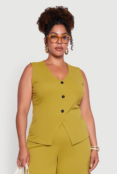 Womens Plus Size Crepe Knit Pullover Blazer Vest, Green, Size 2X