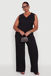 Womens Plus Size Crepe Knit High Waisted Wide Leg Pants, Black, Size 2X