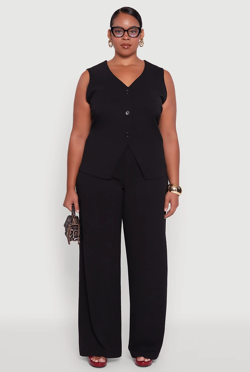 Plus Crepe Knit High Waisted Wide Leg Pants