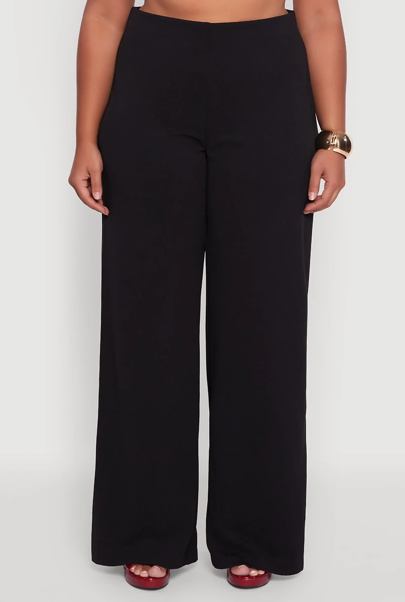 Plus Crepe Knit High Waisted Wide Leg Pants