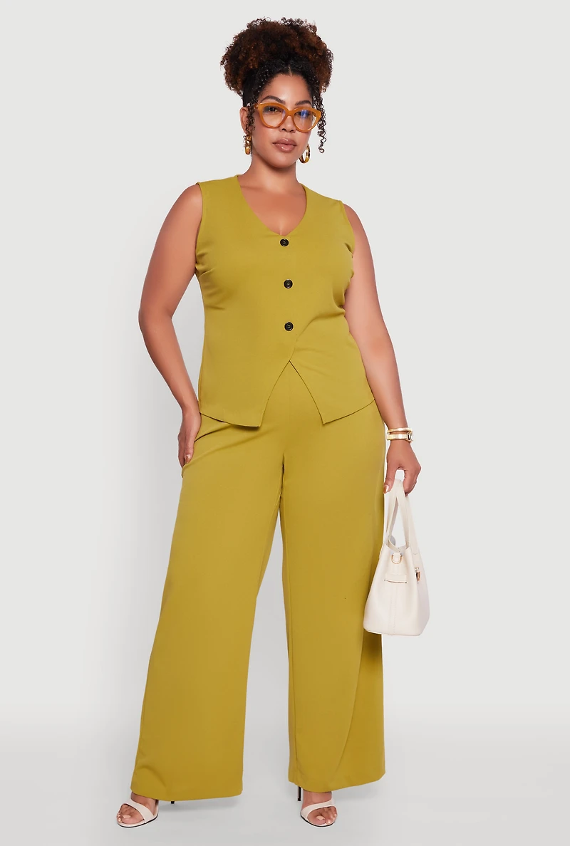 Womens Plus Size Crepe Knit High Waisted Wide Leg Pants, Green, Size 1X