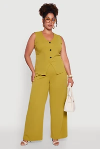 Womens Plus Size Crepe Knit High Waisted Wide Leg Pants, Green, Size 1X