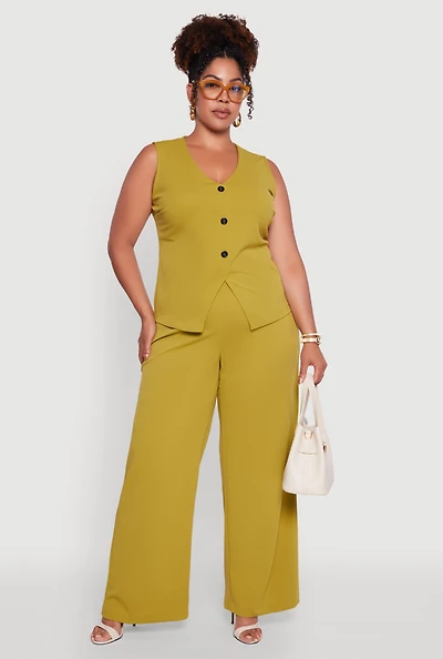 Womens Plus Size Crepe Knit High Waisted Wide Leg Pants, Green, Size 1X