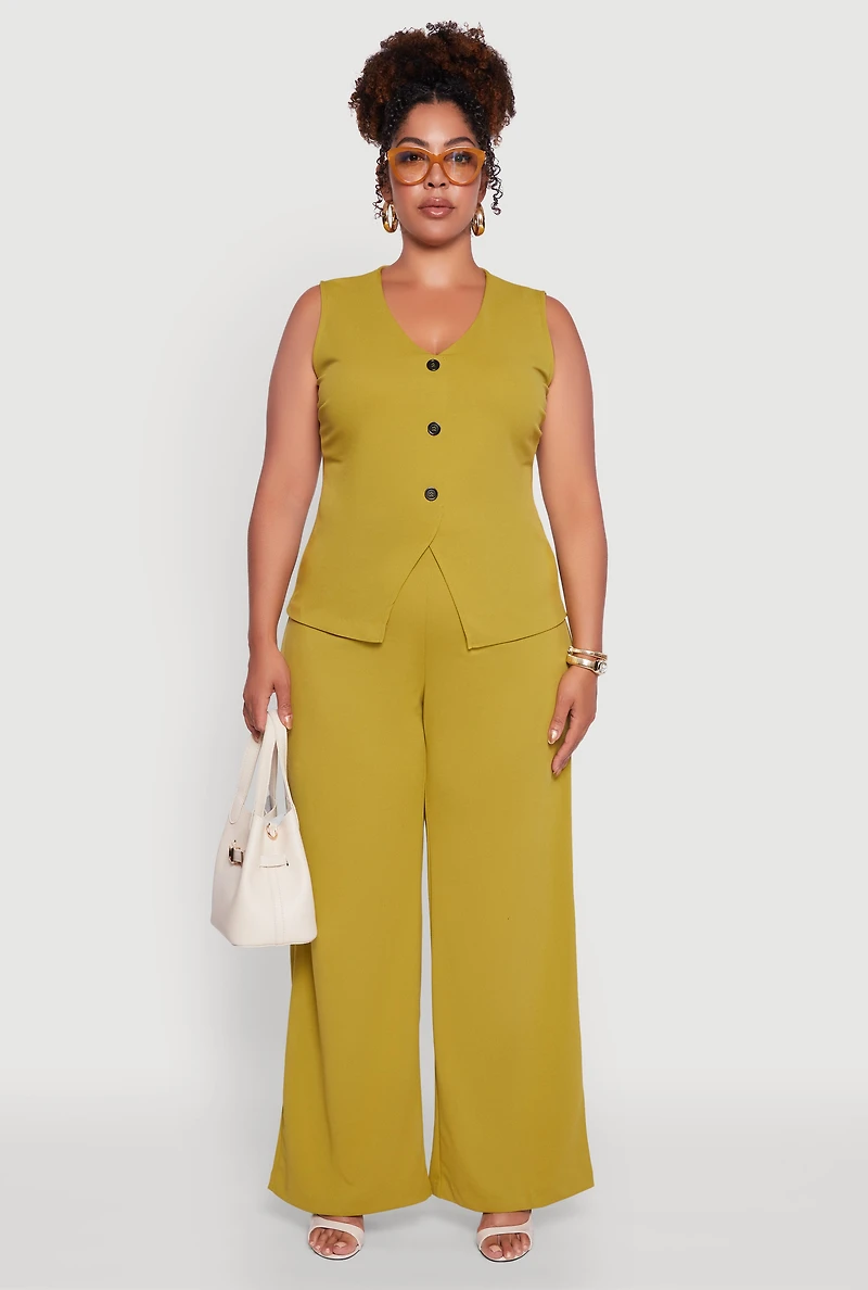 Womens Plus Size Crepe Knit High Waisted Wide Leg Pants, Green, Size 1X