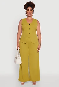 Womens Plus Size Crepe Knit High Waisted Wide Leg Pants, Green, Size 1X