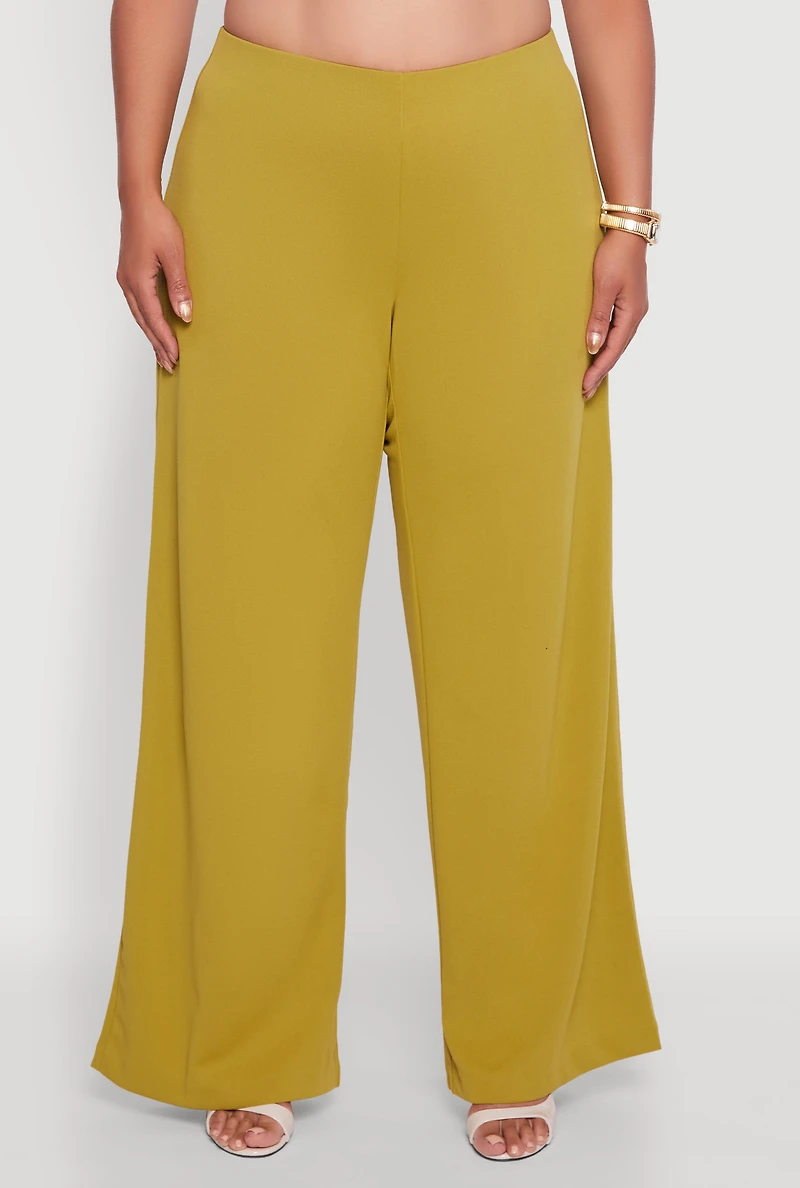 Womens Plus Size Crepe Knit High Waisted Wide Leg Pants, Green, Size 1X