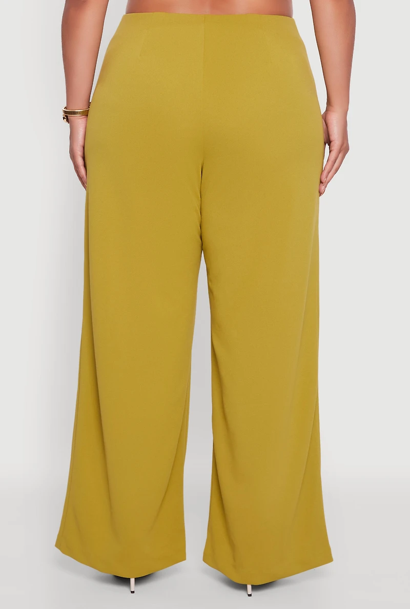 Womens Plus Size Crepe Knit High Waisted Wide Leg Pants, Green, Size 1X