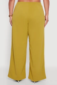 Womens Plus Size Crepe Knit High Waisted Wide Leg Pants, Green, Size 1X