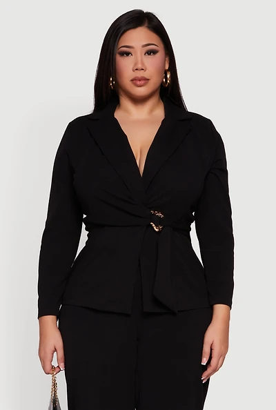 Plus Metallic Belted Front Crepe Knit Blazer