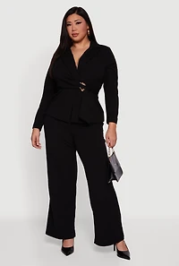 Plus Metallic Belted Front Crepe Knit Blazer