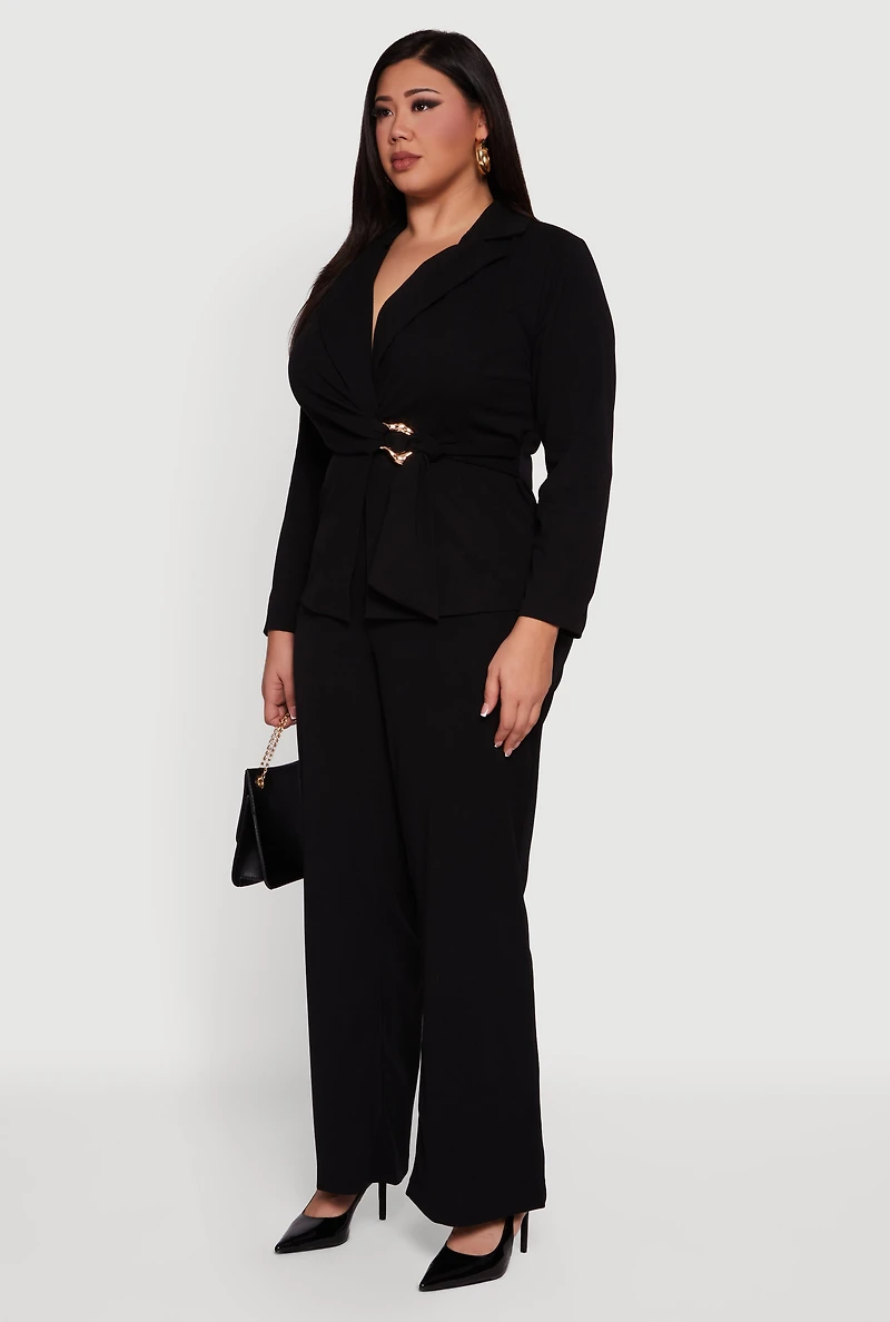 Plus Metallic Belted Front Crepe Knit Blazer