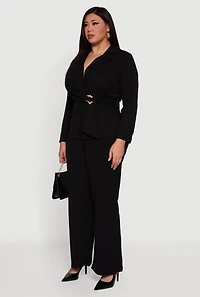 Plus Metallic Belted Front Crepe Knit Blazer