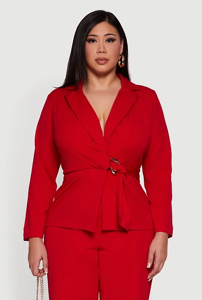 Womens Plus Size Metallic Belted Front Crepe Knit Blazer, Red, Size 2X