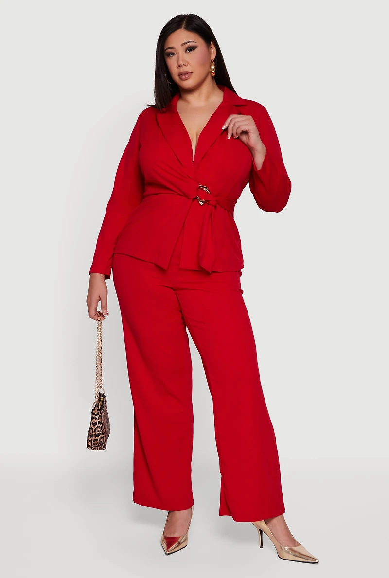 Plus Metallic Belted Front Crepe Knit Blazer