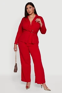 Plus Metallic Belted Front Crepe Knit Blazer