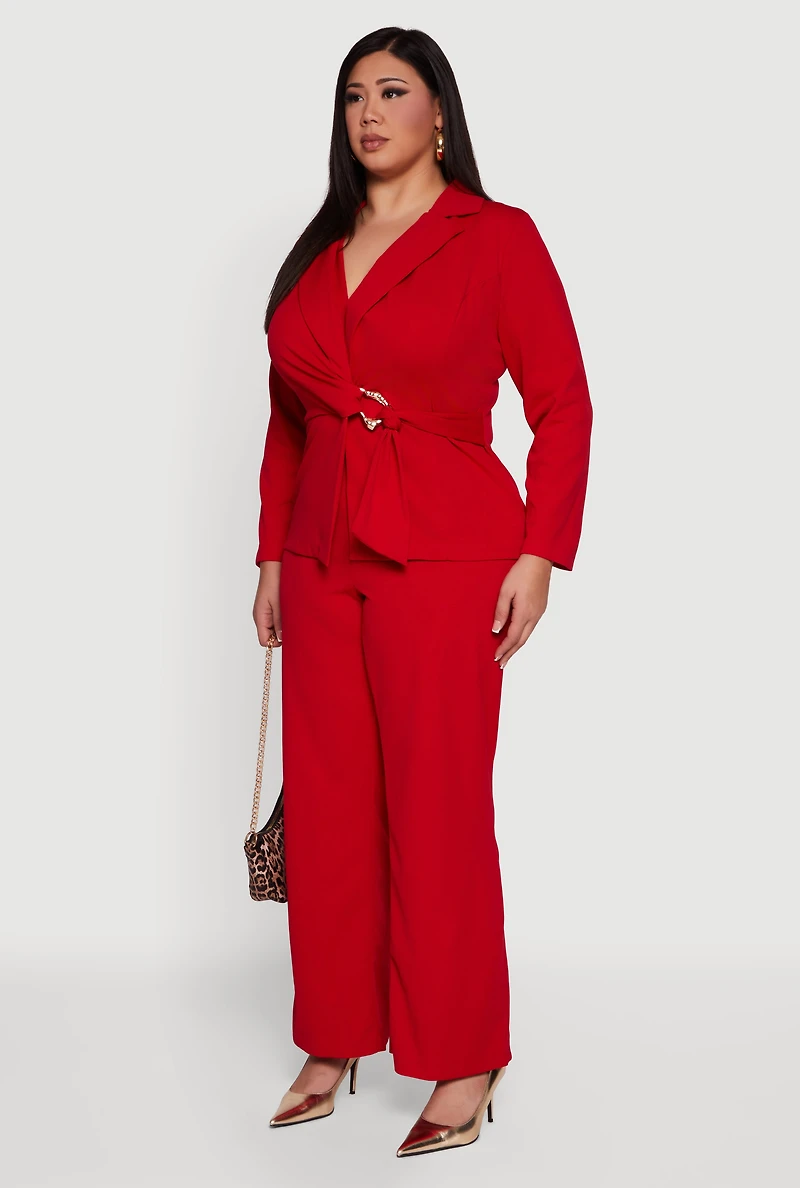 Plus Metallic Belted Front Crepe Knit Blazer