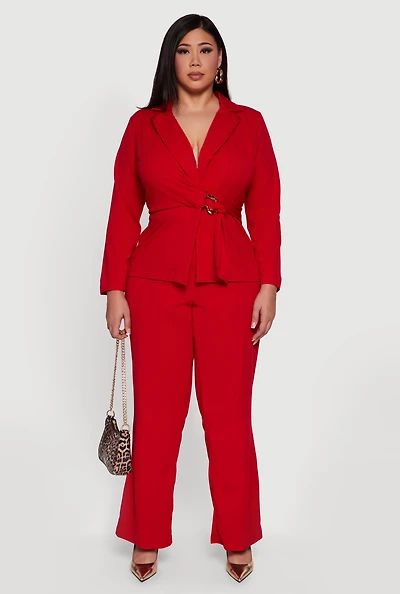 Plus High Waisted Crepe Knit Wide Leg Dress Pants