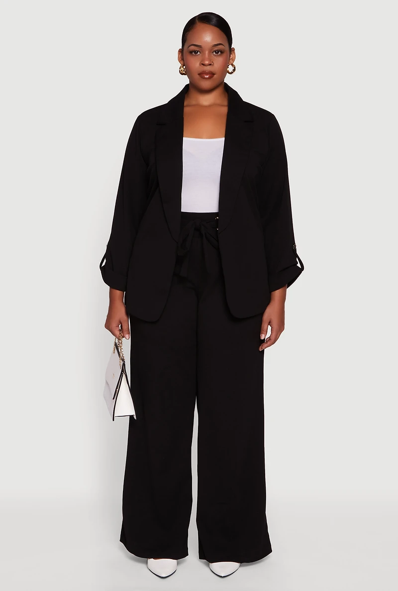 Womens Plus Crepe Knit Drawstring Detail Wide Leg Pants,