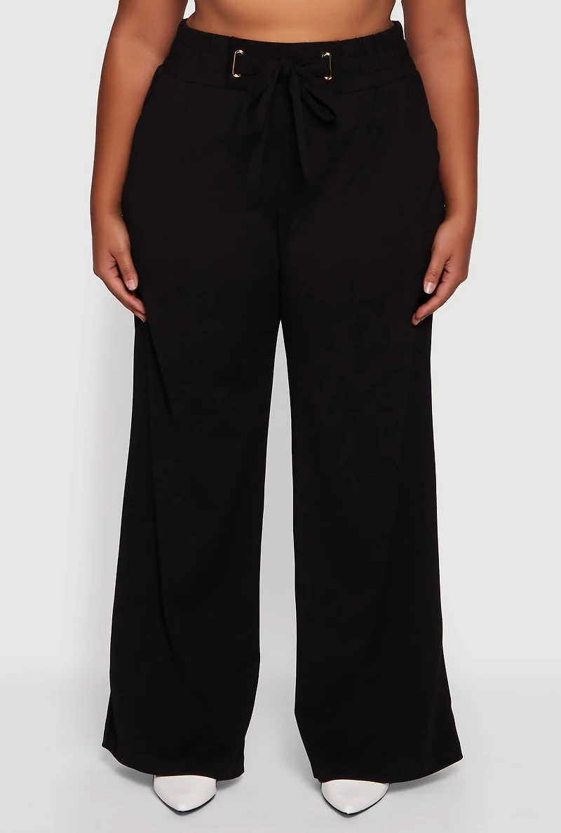 Womens Plus Crepe Knit Drawstring Detail Wide Leg Pants,