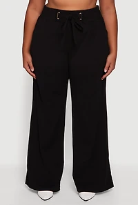 Womens Plus Crepe Knit Drawstring Detail Wide Leg Pants,