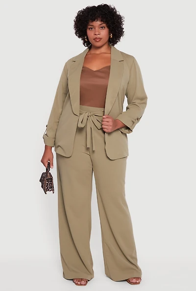 Womens Plus Crepe Knit Drawstring Detail Wide Leg Pants,