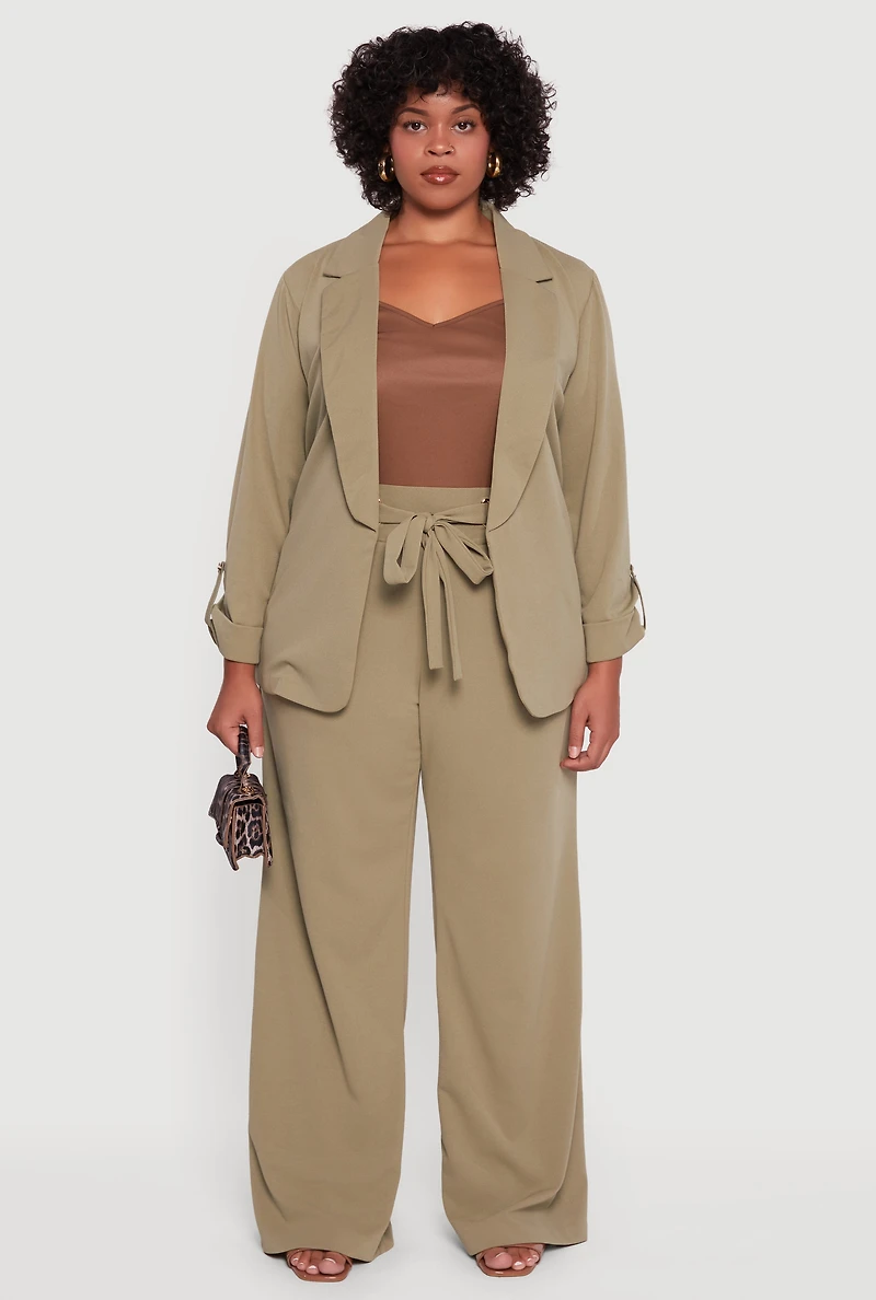 Womens Plus Size Crepe Knit Drawstring Detail Wide Leg Pants, Green, Size 2X