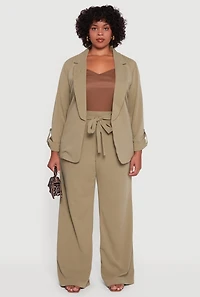 Womens Plus Size Crepe Knit Drawstring Detail Wide Leg Pants, Green, Size 2X