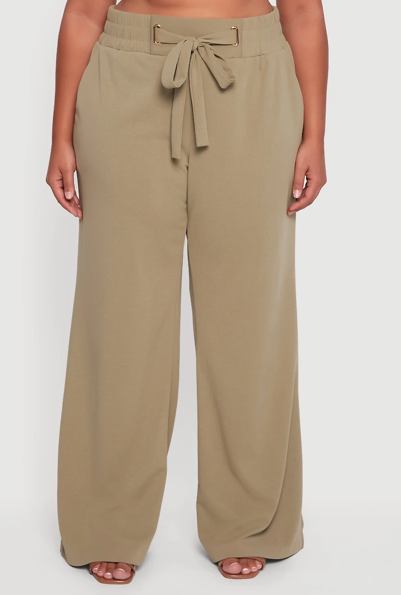 Womens Plus Size Crepe Knit Drawstring Detail Wide Leg Pants, Green, Size 2X