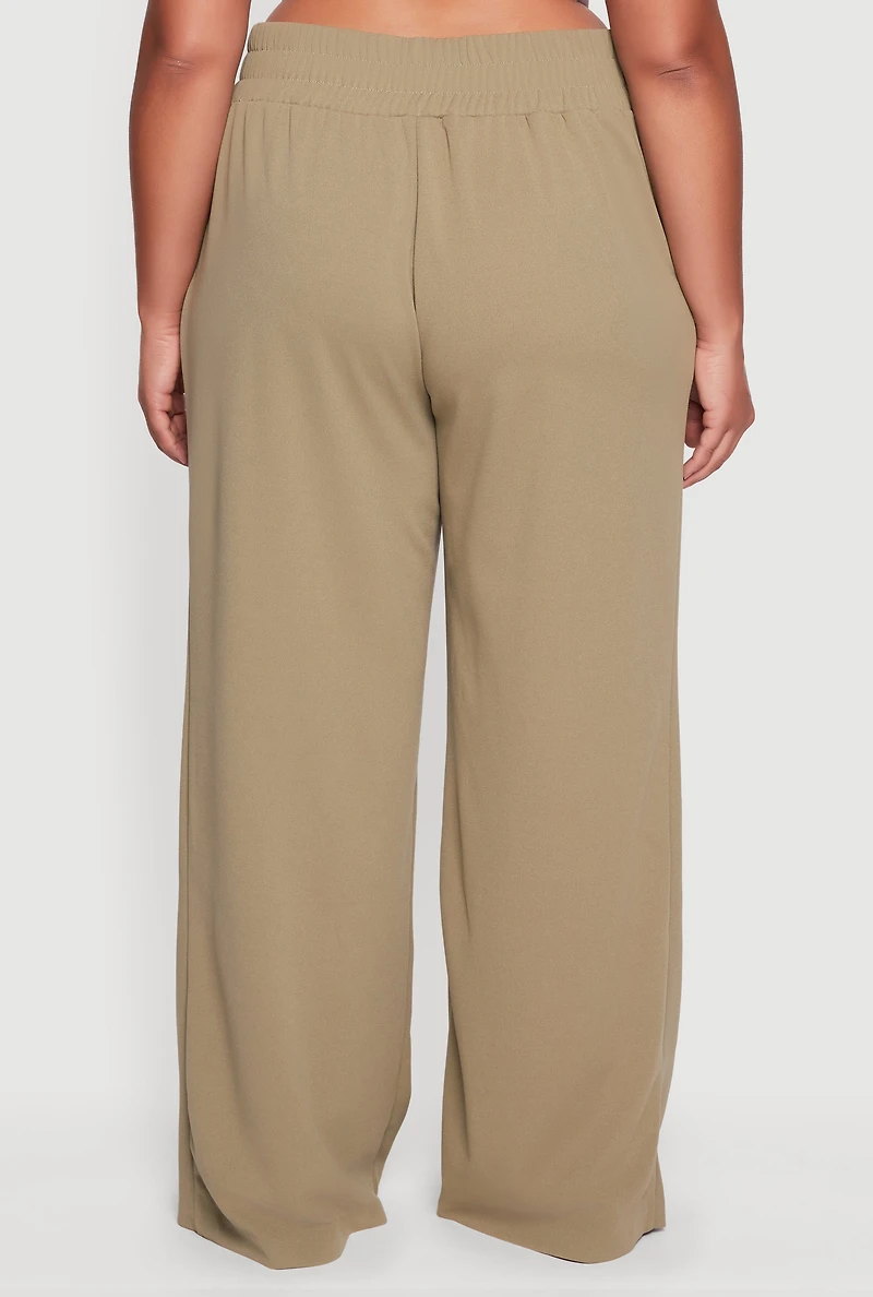 Womens Plus Size Crepe Knit Drawstring Detail Wide Leg Pants, Green, Size 2X