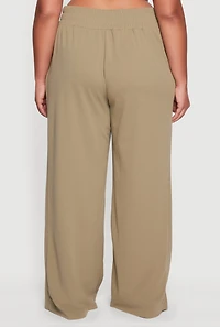 Womens Plus Size Crepe Knit Drawstring Detail Wide Leg Pants, Green, Size 2X