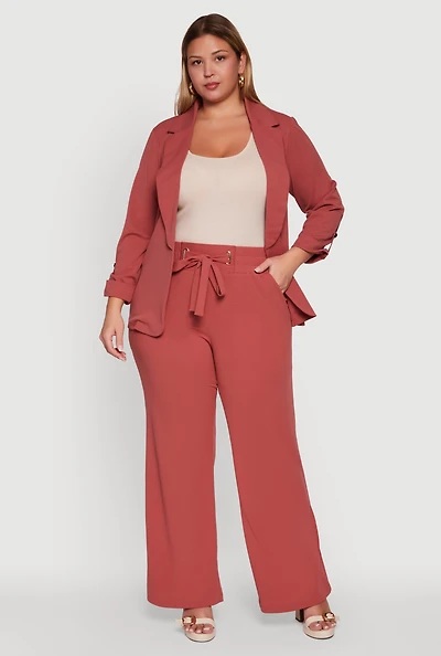 Womens Plus Size Crepe Knit Drawstring Detail Wide Leg Pants, Pink, Size 1X