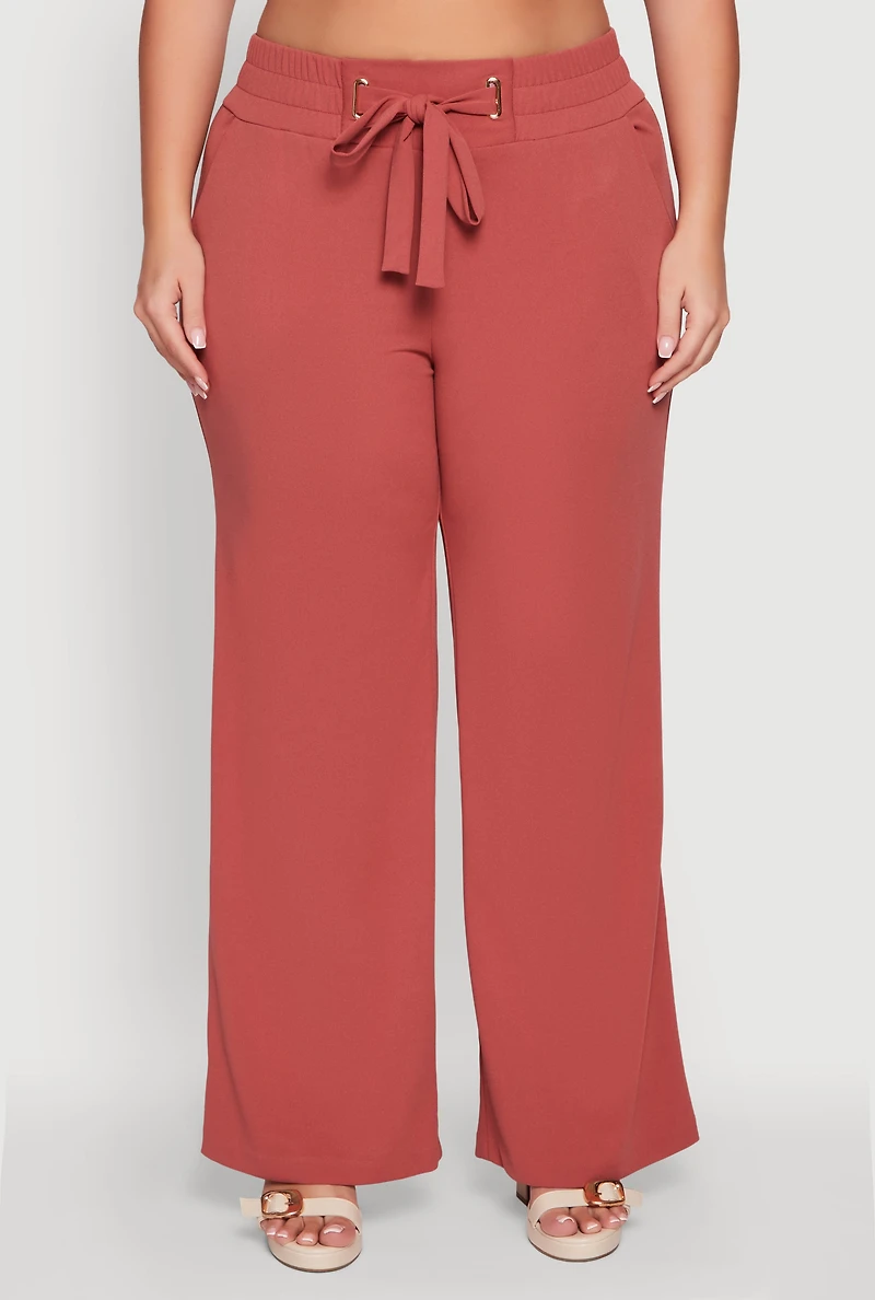 Womens Plus Size Crepe Knit Drawstring Detail Wide Leg Pants, Pink, Size 1X