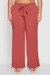 Womens Plus Size Crepe Knit Drawstring Detail Wide Leg Pants, Pink, Size 1X