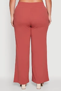 Womens Plus Size Crepe Knit Drawstring Detail Wide Leg Pants, Pink, Size 1X