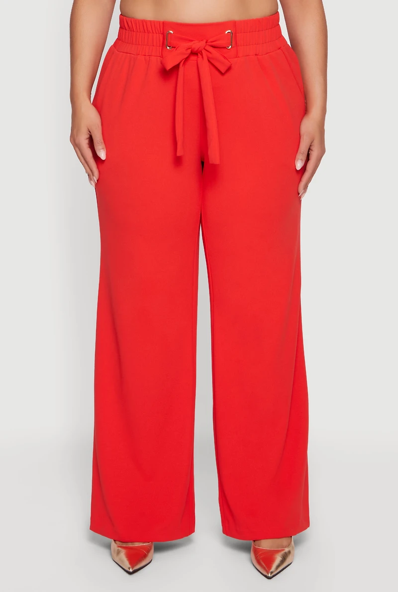 Plus Crepe Knit Drawstring Detail Wide Leg Pants