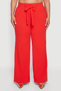 Plus Crepe Knit Drawstring Detail Wide Leg Pants